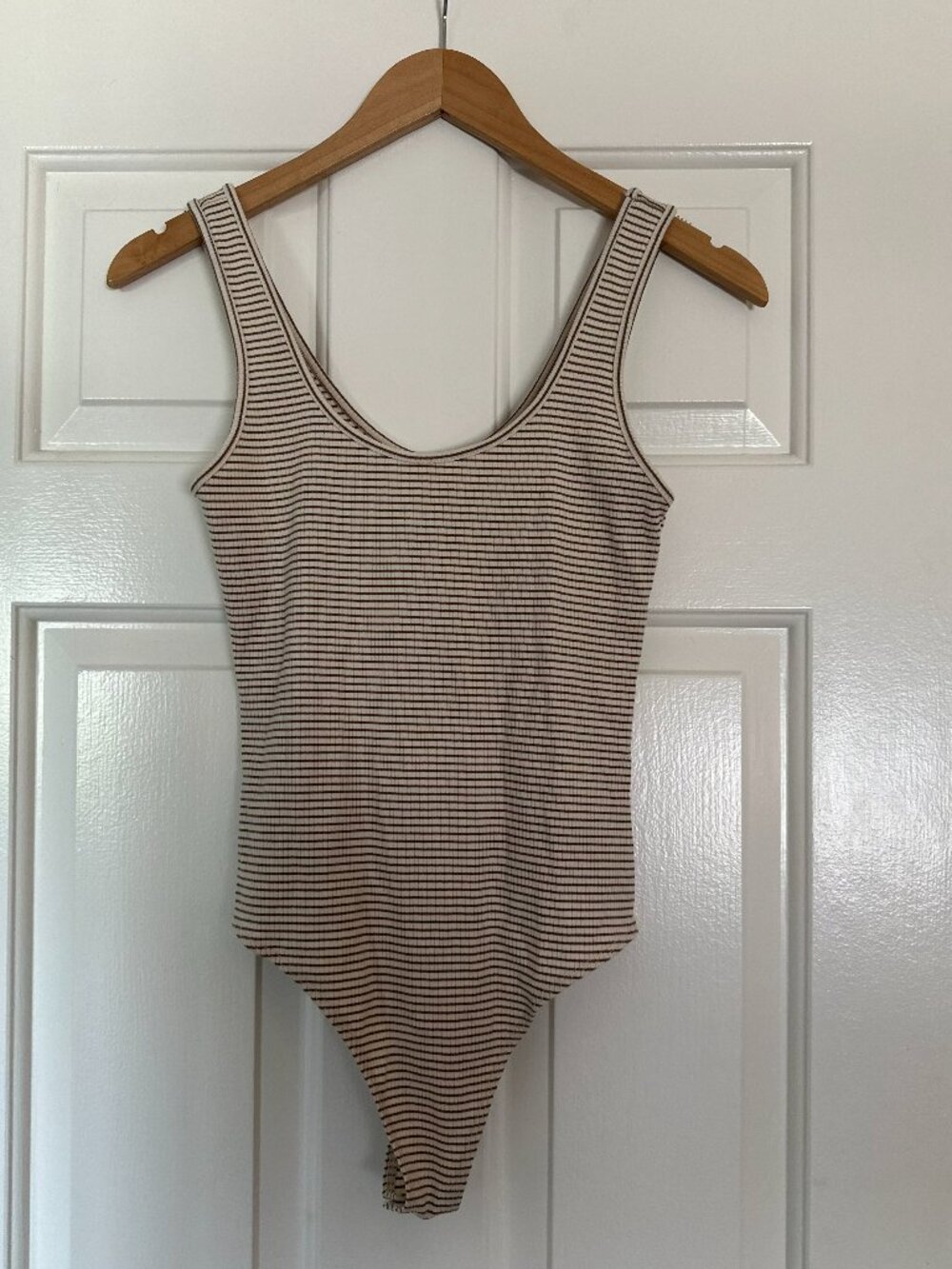 American Eagle Outfitters Ribbed Striped Bodysuit in Cream and Brown